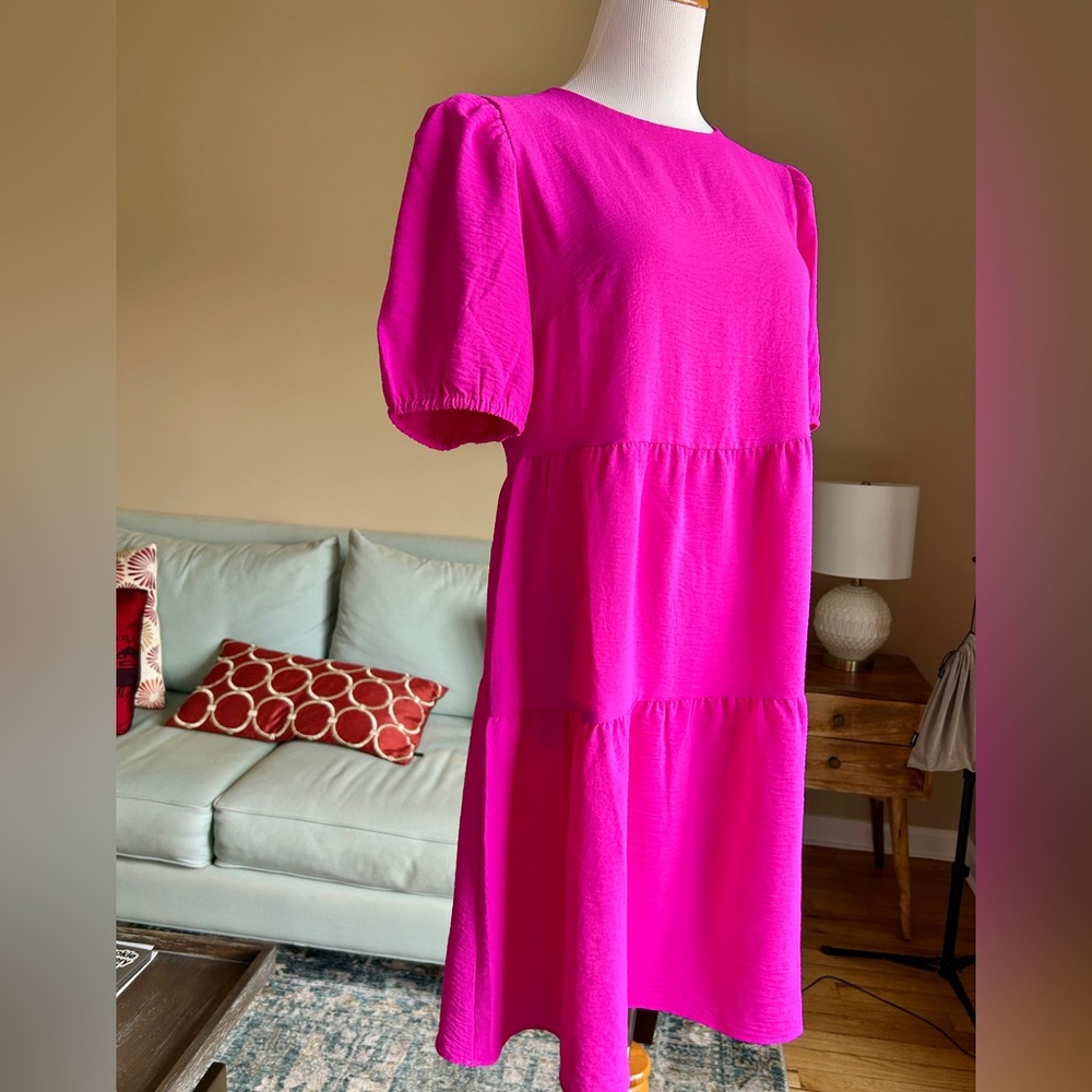 DKNY Bright Pink Tiered Baby Doll Dress Puff Sleeve Size 8 - Picture 4 of 12